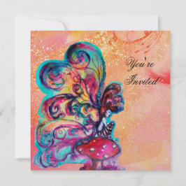 きのこの小さなエルフ、ピンクと黄色の輝きのある金 招待状