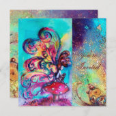 きのこの小さなエルフ、ピンク 緑 青 きらきら 招待状 (正面/裏面)