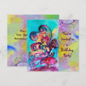 きのこの小さなエルフ、紫、黄色、青の輝き 招待状 (正面/裏面)