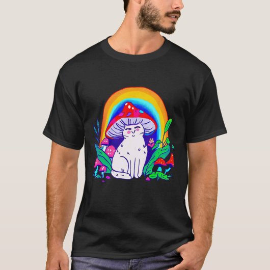 きのこの帽子をかぶった虹色の猫 Tシャツ (正面)
