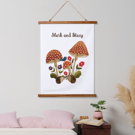 きのこの森のハリネズミのカップル 吊り下げ型タペストリー (寝室)