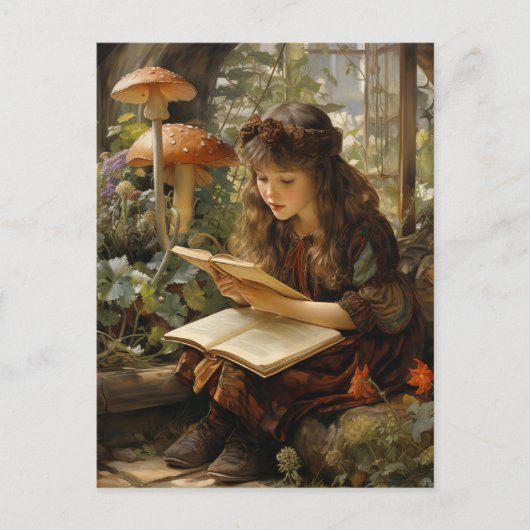 きのこの森の妖精の読書 ポストカード (正面)