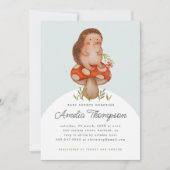 きのこの赤ちゃんシャワーにかわいい水色ハリネズミ 招待状 (正面)