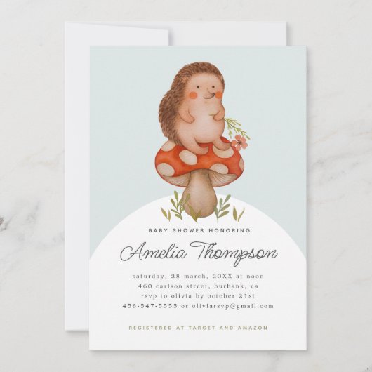 きのこの赤ちゃんシャワーにかわいい水色ハリネズミ 招待状 (正面)