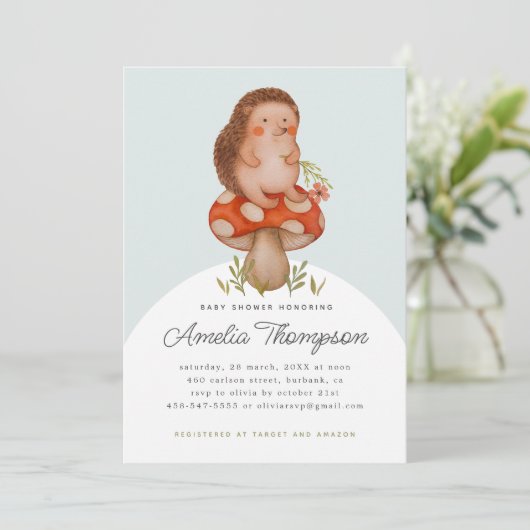 きのこの赤ちゃんシャワーにかわいい水色ハリネズミ 招待状 (スタンド正面)