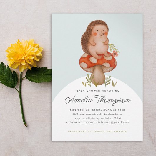 きのこの赤ちゃんシャワーにかわいい水色ハリネズミ 招待状