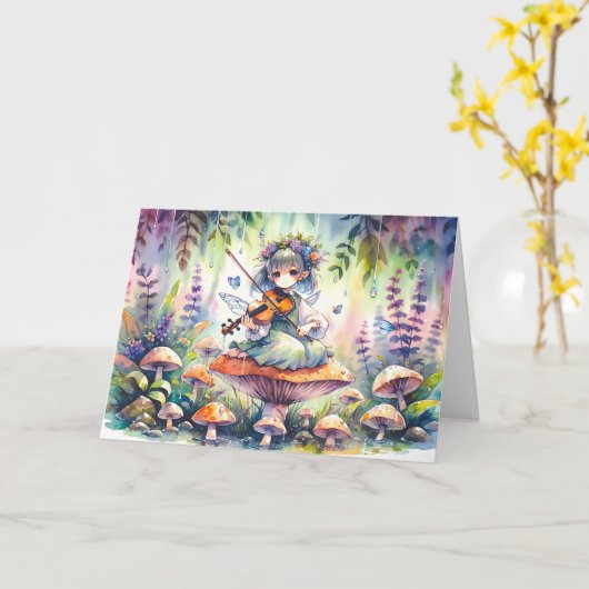 きのこの遊魔法の誕生日にフェアリーのビオラ カード (黄色い花)