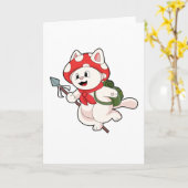 きのこを選ぶ猫としてのマッシュルーム カード (黄色い花)