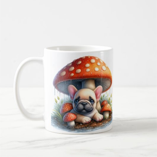 きのこフランスのの傘の下のブルドッグパピー コーヒーマグカップ (左)
