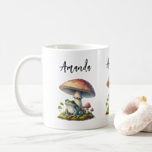 きのこ下のカエル かわいい自然 コーヒーマグカップ (ドーナツ)