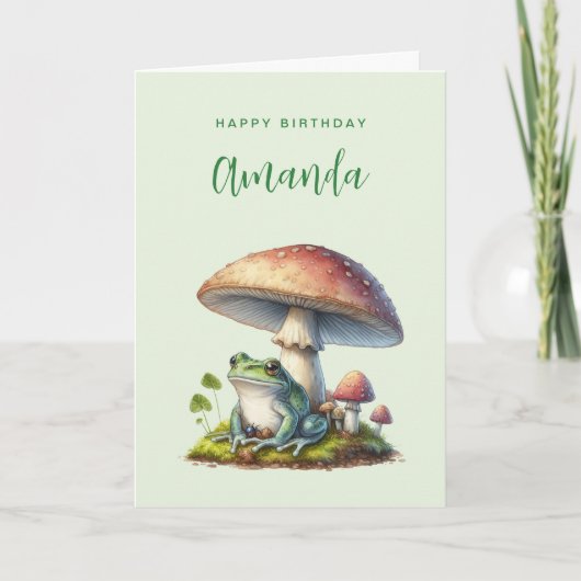 きのこ下のカエル かわいい自然 誕生日 カード (正面)