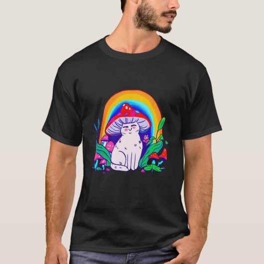きのこ帽付きレインボネコ Tシャツ (正面)