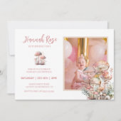 きのこ かわいい ハート ピンク 森 フォト 誕生日 招待状 (正面)