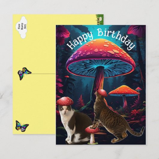 きのこ と 猫の誕生日ポストカード ポストカード (正面/裏面)