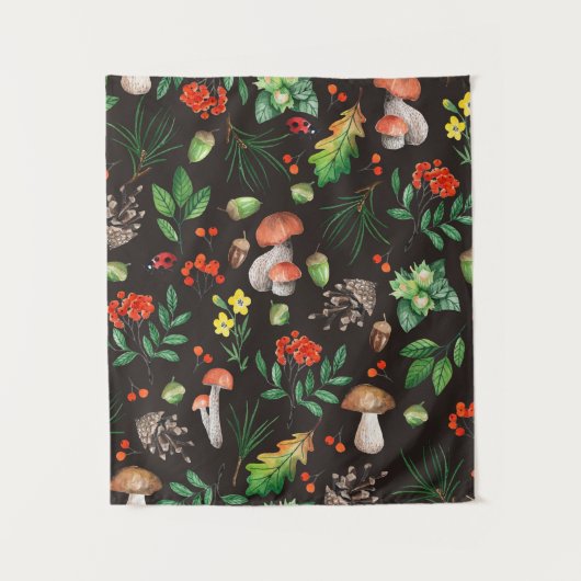 きのこ、ナッツ、、どんぐりなどの継ぎ目葉のない模様 タペストリー (正面)