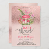 きのこ バタフライ ローズゴールド グリッター ベビーシャワー 招待状 (正面/裏面)