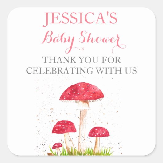きのこ 水彩 赤ちゃんシャワー 可愛い スクエアシール (正面)