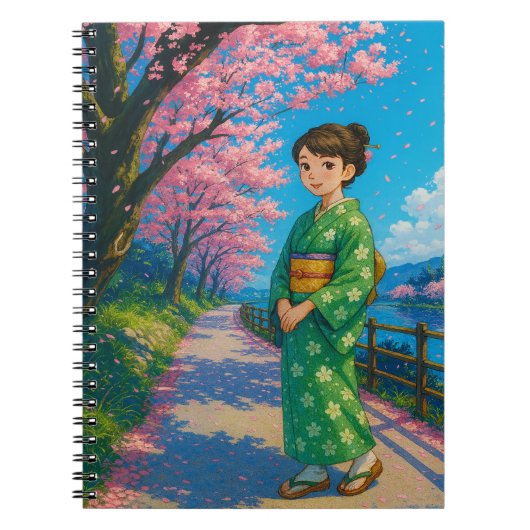「きもの女の子 – さくらんぼ花手帳 ノートブック (正面)