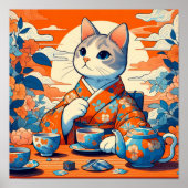 きもの猫お茶オレン日本のジブルー ポスター (正面)