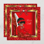 きらきらかわいい赤ちゃん靴のベビーシャワーガール 赤 招待状 (正面/裏面)