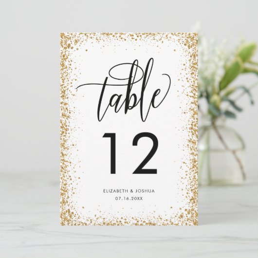 きらきらした受付テーブル番号 フェイクゴールドグリッター 招待状 (スタンド正面)
