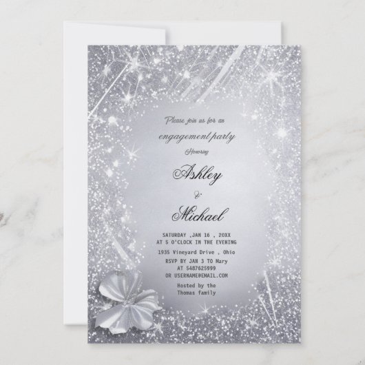 きらきらとしたシルバーのコンフェッティエンゲージパーティーのおしゃれ 招待状 (裏面)