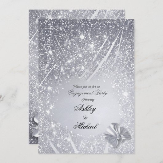 きらきらとしたシルバーのコンフェッティエンゲージパーティーのおしゃれ 招待状 (正面/裏面)