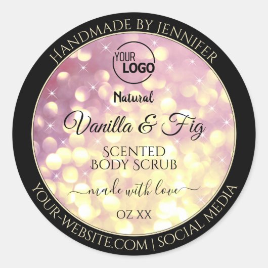 きらきらとしたパープルゴールドのグリッター ロゴ製品ラベル ラウンドシール (正面)