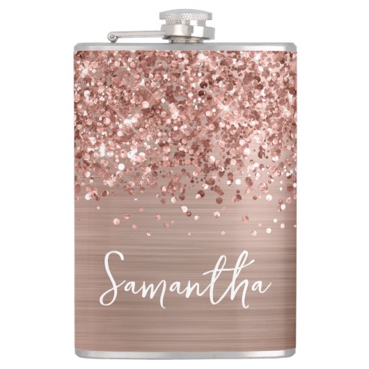 きらきらとしたローズゴールドの輝きある名前 フラスク (正面)