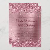 きらきらとした中ピンクのホイルサプライズ 50歳の誕生日 招待状 (正面/裏面)