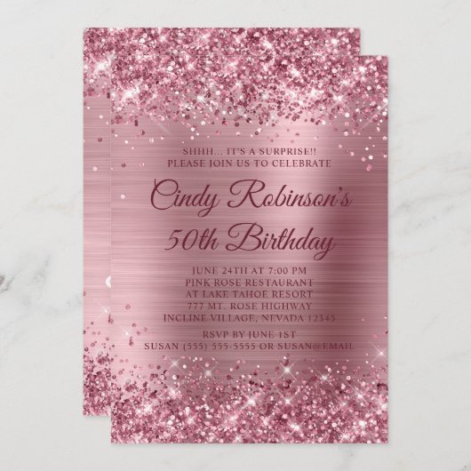 きらきらとした中ピンクのホイルサプライズ 50歳の誕生日 招待状 (正面/裏面)
