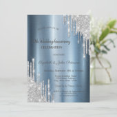 きらきらとした青いメタリックの結婚記念日 招待状 (スタンド正面)