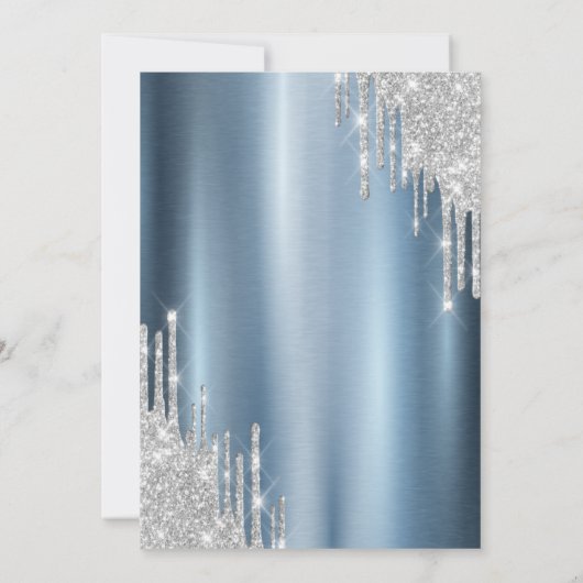 きらきらとした青いメタリックの結婚記念日 招待状 (裏面)