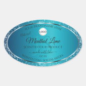 きらきらと輝くターコイズブルーのロゴイニシャル グリッター商品ラベル 楕円形シール (正面)