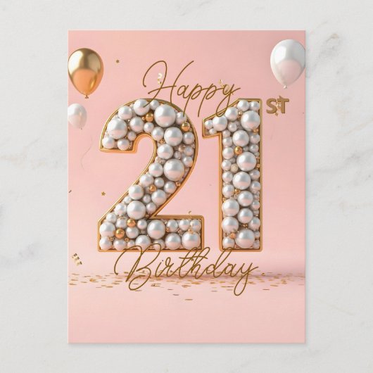 きらきらと輝くパールとゴールドのアクセント 21歳の誕生日 ポストカード (正面)
