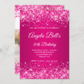 きらきらと輝くホットピンクのラズベリーオンブレ写真 招待状 (正面/裏面)