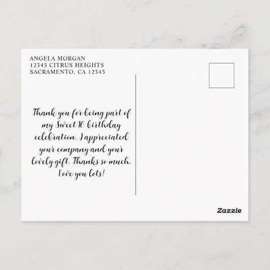 きらきらと輝くローズゴールドのスイート16ハート感謝カード ポストカード (裏面)