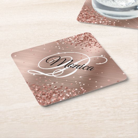 きらきらと輝くローズゴールドの箔押し おしゃれなモノグラム ダイヤモンド ペーパーコースター (アングル)