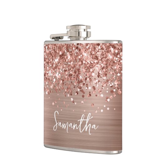 きらきらと輝くローズゴールドの豪華な名前 フラスク (左)