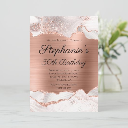 きらきらと輝くローズゴールド ホワイトアゲート 30歳の誕生日 招待状 (スタンド正面)