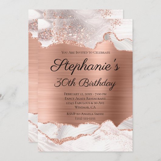 きらきらと輝くローズゴールド ホワイトアゲート 30歳の誕生日 招待状 (正面/裏面)