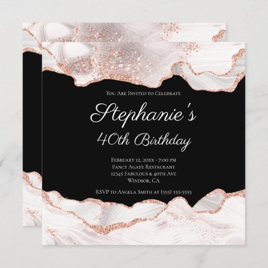 きらきらと輝くローズゴールド ホワイトアゲート 40歳の誕生日 ブラック 招待状 (正面/裏面)