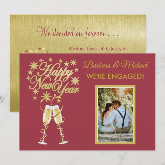 きらきらと輝く新年の婚約発表ゴールドレッドお知らせ 招待状 (正面/裏面)