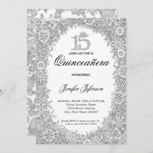 きらきらと輝く銀色の冬のキンチェアラ招待状 招待状 (正面/裏面)