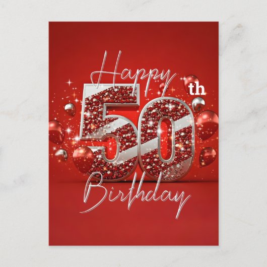 きらきらと輝く 赤とシルバー 50歳の誕生日 ポストカード (正面)