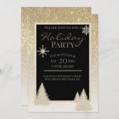 きらきらゴールドのグリッター雪の結晶と松の木 招待状 (正面/裏面)