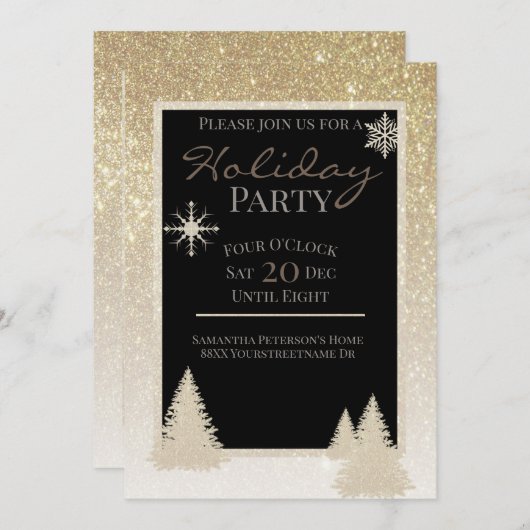 きらきらゴールドのグリッター雪の結晶と松の木 招待状 (正面/裏面)