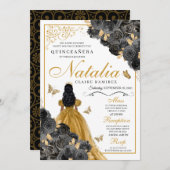 きらきらゴールドのバラと蝶のプリンセスのキンセアニエラ 招待状 (正面/裏面)