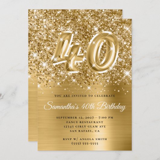 きらきらゴールドの華やかな40歳の誕生日 招待状 (正面/裏面)