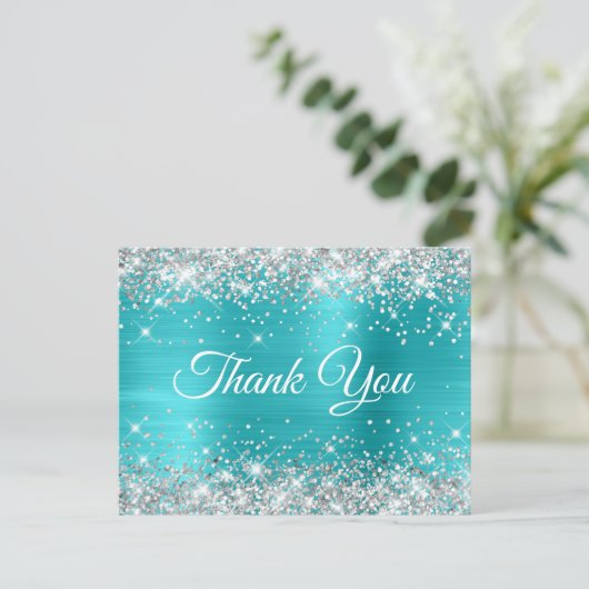 きらきらシルバー ターコイズブルー スイート16 ありがとう ポストカード (スタンド正面)